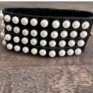 Honora Black Genuine Leather and Pearl 4 Strand Adjustable Snap Cuff Bracelet